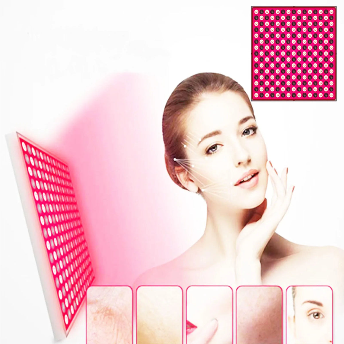 Una mujer mirando su rostro con un panel de fototerapia LED rojo visible de fondo.