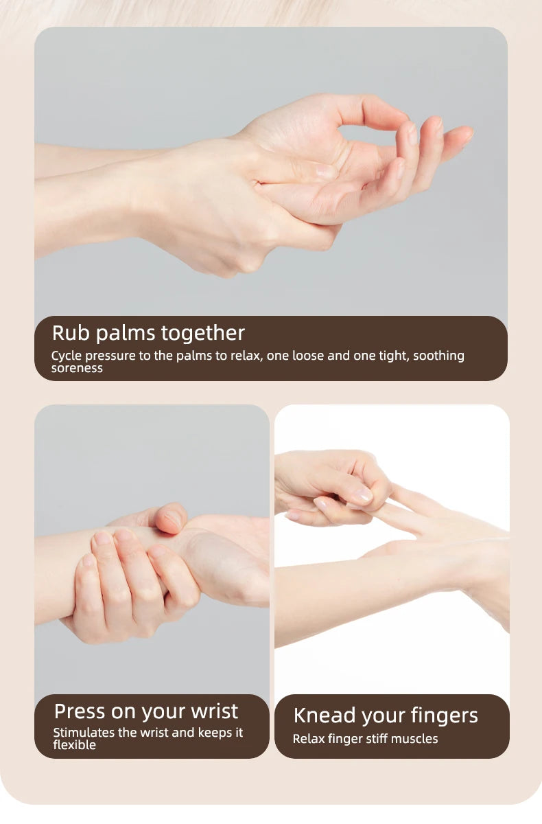 Demonstration of hand massage techniques including rubbing palms together, pressing on the wrist, and kneading fingers for re