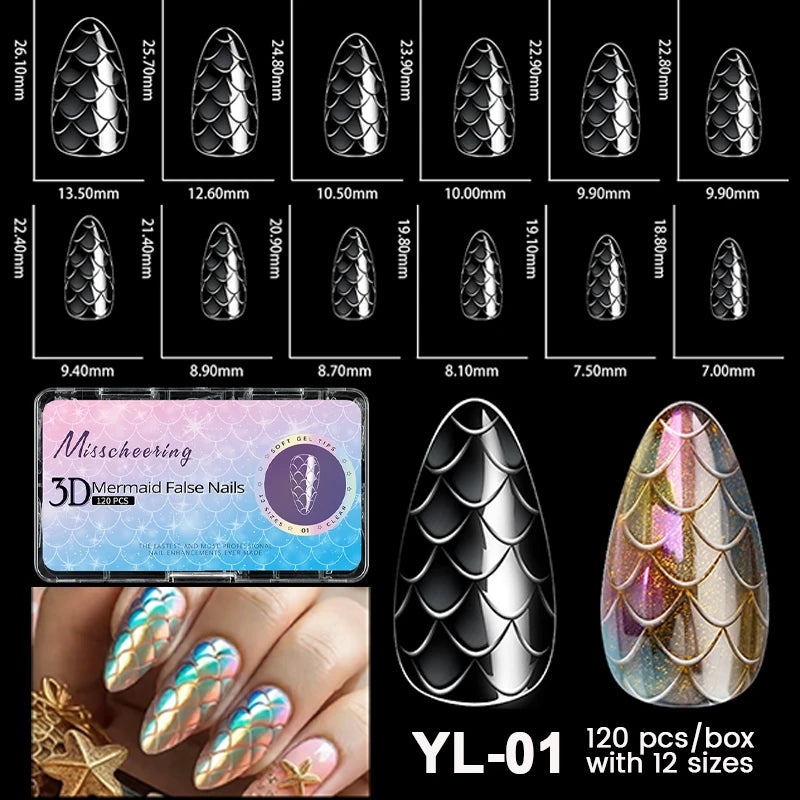 Diverses pointes de ongles de fausse perle marine noires et irisées de différentes tailles présentées sur un mannequin.