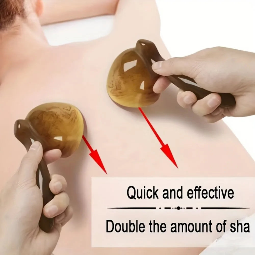 Hands demonstrate the use of a resin gua sha tool on the skin for massage and relaxation.