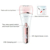 A pink multi-functional electric body and facial epilator with replaceable nursing heads, a blade replacement button, and an 
