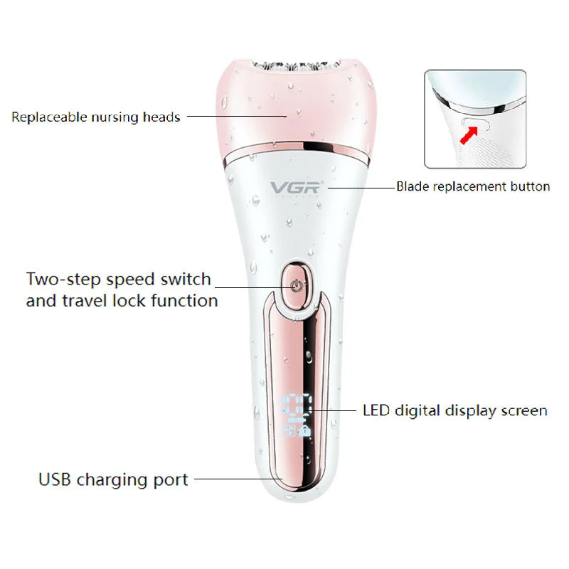 A pink multi-functional electric body and facial epilator with replaceable nursing heads, a blade replacement button, and an 