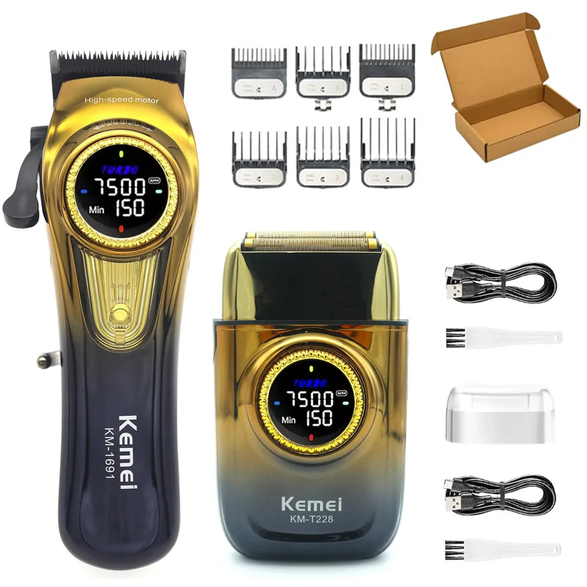 A Kemel KM-T228 electric shaver and accessories including combs and chargers.