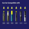 A row of electric shaver replacement blades in various colors and shapes, labeled with model numbers like QP2520, QP6510, and