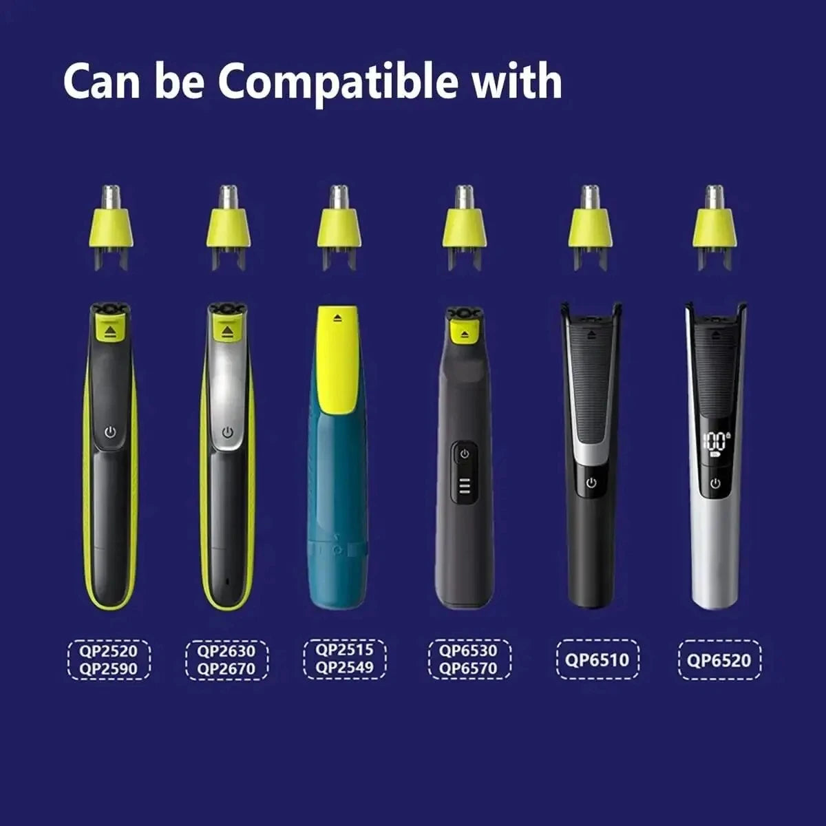 A row of electric shaver replacement blades in various colors and shapes, labeled with model numbers like QP2520, QP6510, and