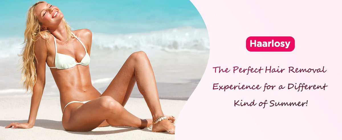 A blonde woman is relaxing on the beach, demonstrating a hair removal experience.