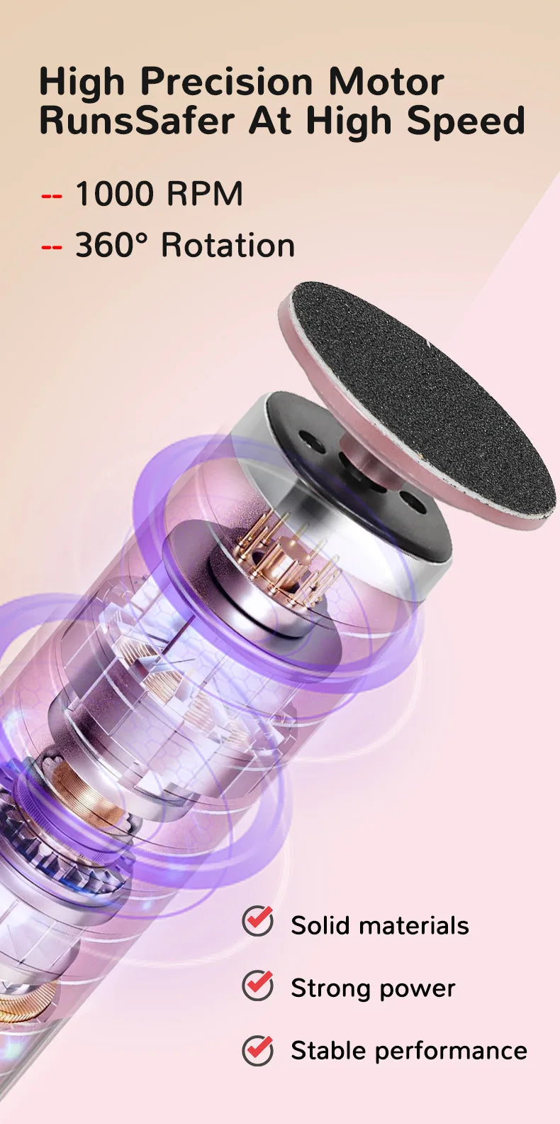A close-up view of a high-precision motor device designed for foot callus removal, showing its metallic and pink components.