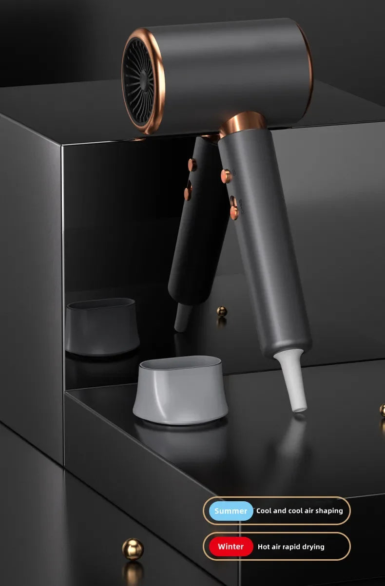 A professional hair dryer with a metallic finish is shown next to its detachable nozzle and drying components.