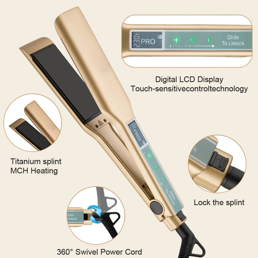 A professional titanium hair straightener with a digital LCD display and touch-sensitive control technology.