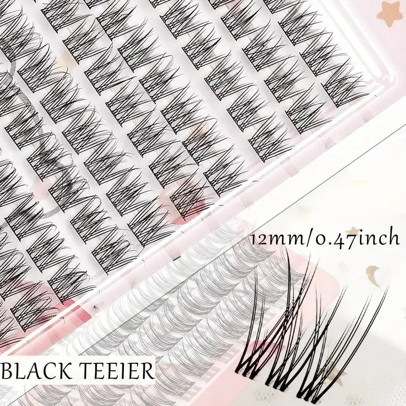 A close-up view of black teier eyelash extensions laid out on a white surface, showing the individual lashes and size measure