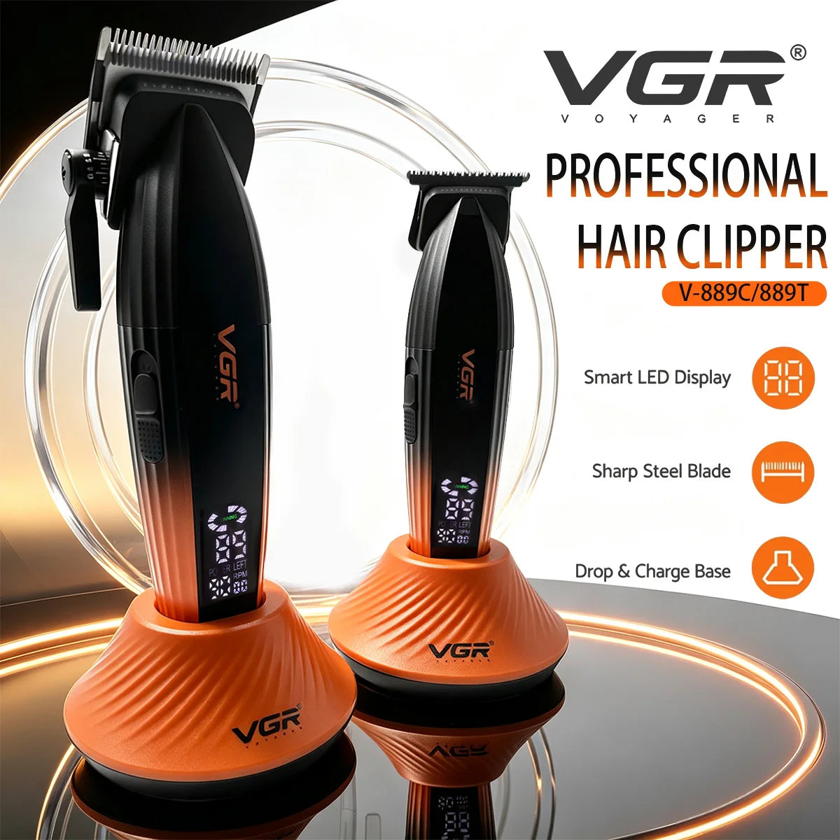 An orange VGR professional hair clipper with a sharp steel blade and drop and charge base is shown on a reflective surface.