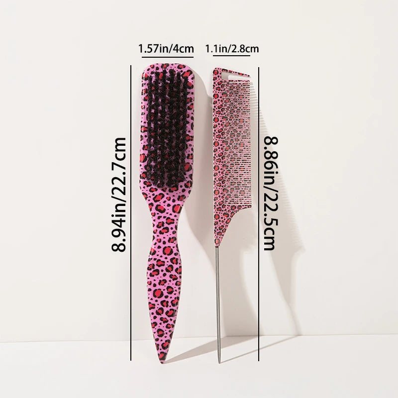 A pair of leopard print pointed tail hair combs shown against a white background with dimension lines.