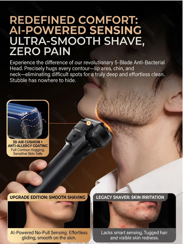 A close-up of a black electric shaver being used on a man's jawline, highlighting its design features.