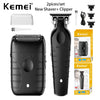 A black Kemei shaver and clipper grooming kit with accessories shown in various views.