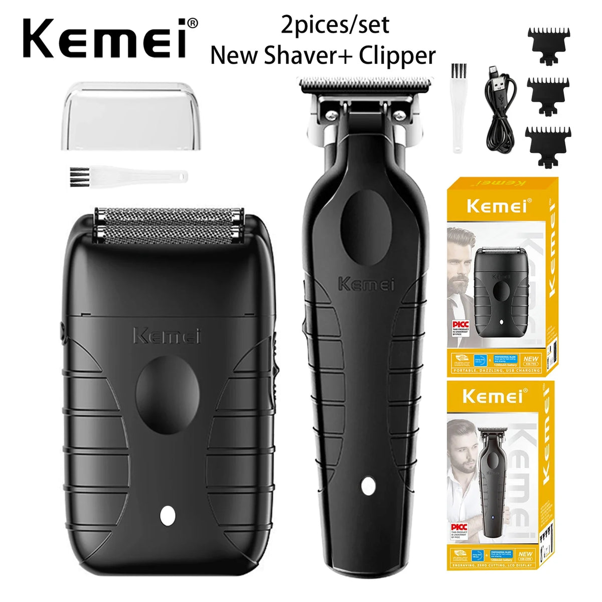 A black Kemei shaver and clipper grooming kit with accessories shown in various views.