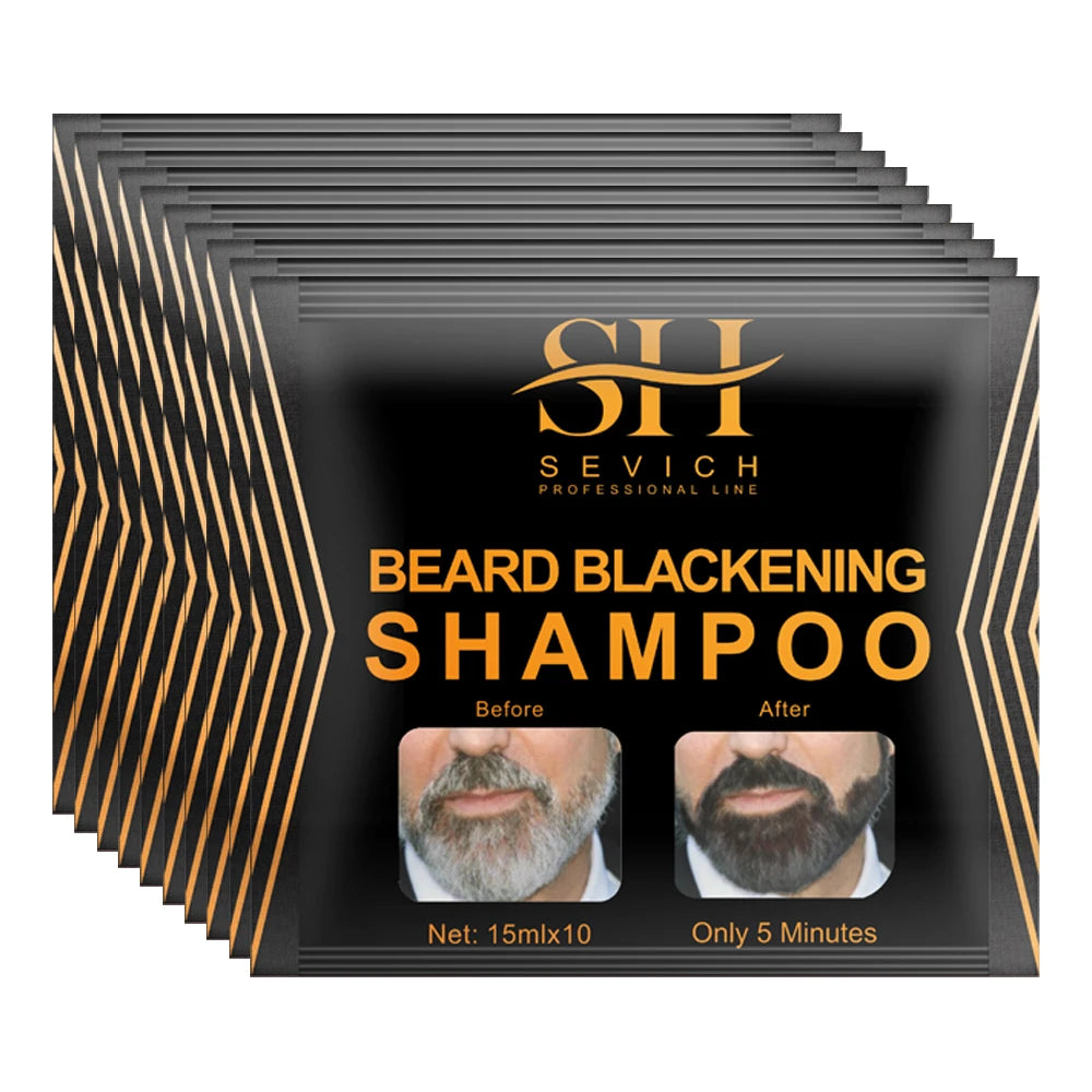 Box of Sevich Beard Blackening Shampoo showing before and after results