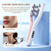 A white and pink EMS facial and neck slimming roller massager is shown next to a blue box, demonstrating facial and neck lift