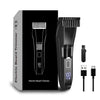 A black electric beard trimmer is shown with its packaging and accessories.