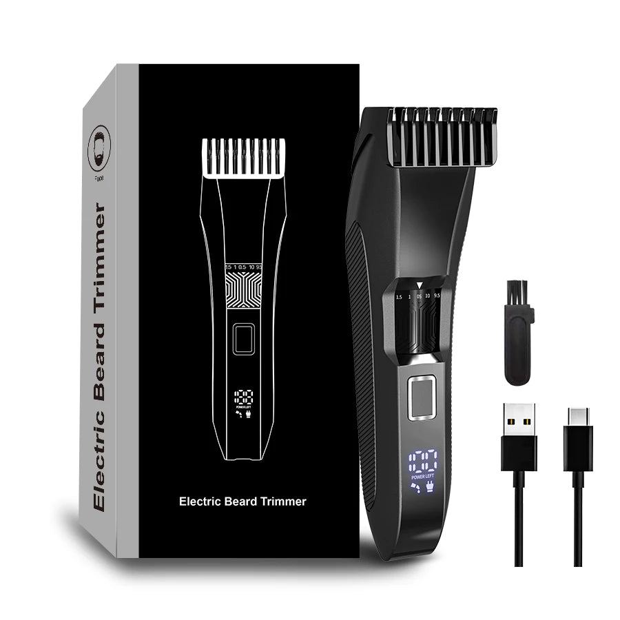 A black electric beard trimmer is shown with its packaging and accessories.
