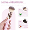A pink makeup brush is shown being held, highlighting its natural and skin-friendly features.