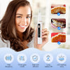 A woman holds an ultrasonic dental scaler device, demonstrating its use for cleaning teeth.