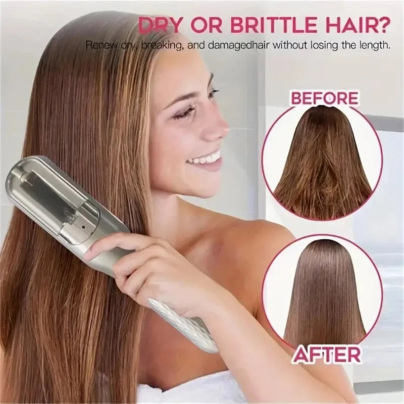 A woman uses a cordless hair clipper on her long brown hair, showing before and after results for hair repair.