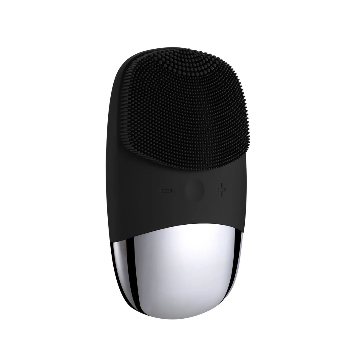 A black sonic facial cleansing brush with a silver head and body.