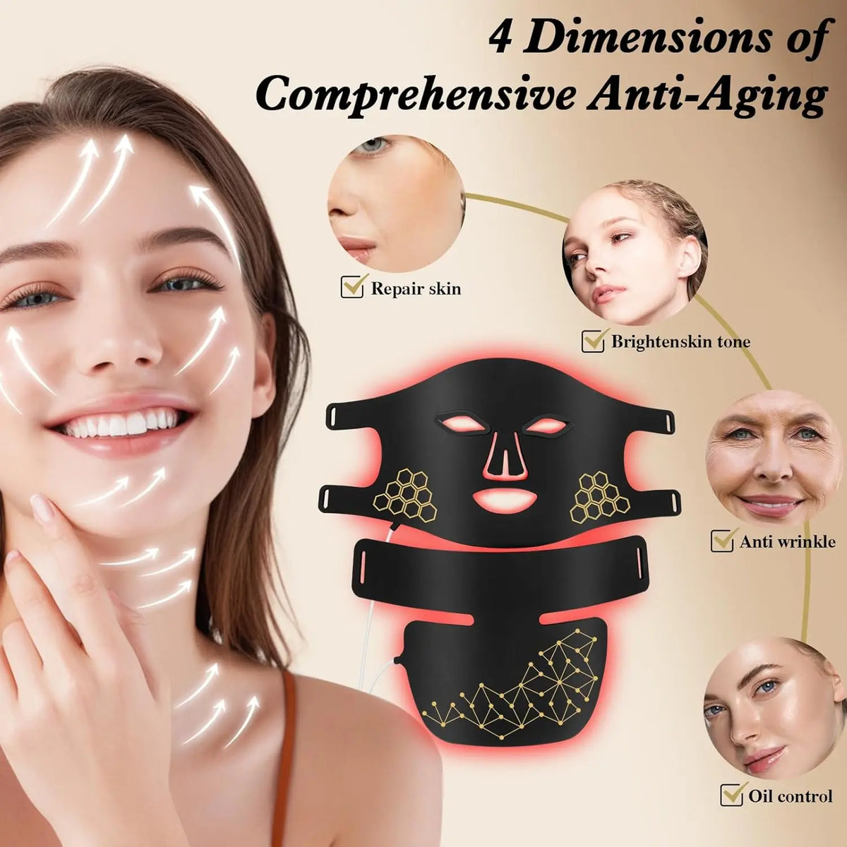 A woman applying a professional red light therapy mask for anti-aging to her face, demonstrating four dimensions of comprehen