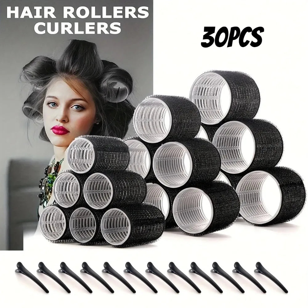 A collection of 30 black hair rollers or curlers are displayed next to a woman's head.