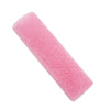 A pink exfoliating mesh body scrubbing towel rolled up.