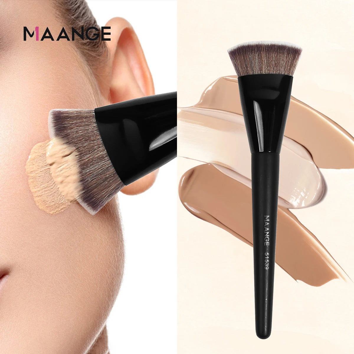 A black flat kabuki foundation brush with brown and gold bristles shown next to a model's face.