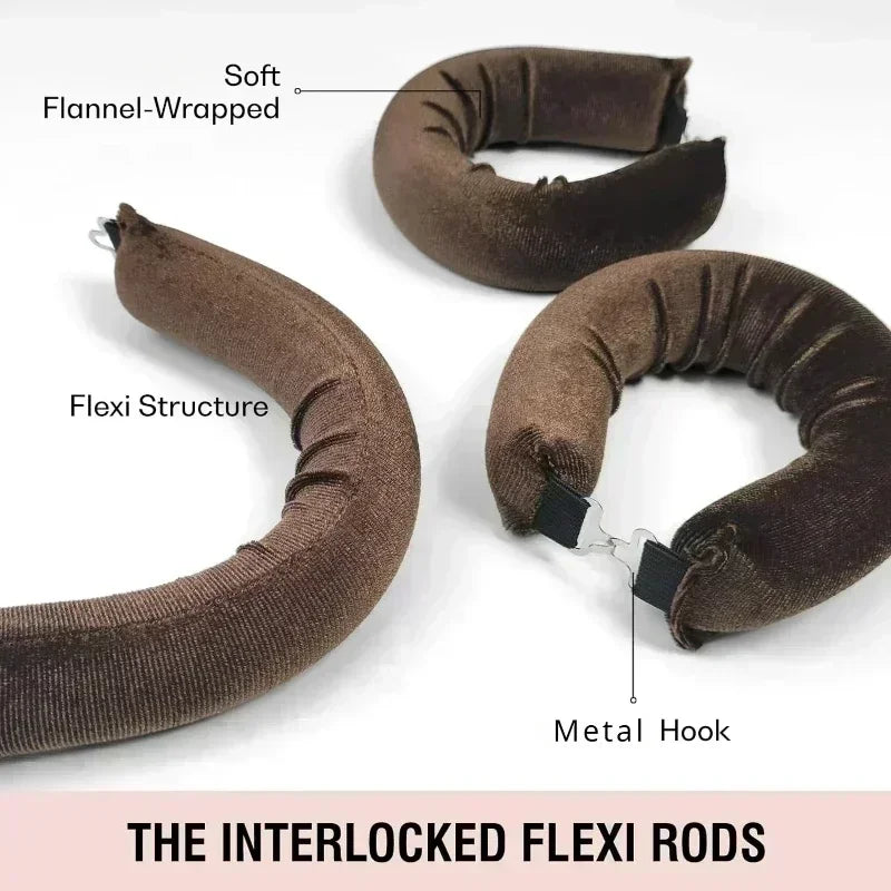 A set of brown flannel-wrapped heatless hair curler curling rods showing different structures and a metal hook.