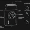 Diagram showing accessories for a VGR electric beard and mustache trimmer, including coating foils, a release button, RPM dis