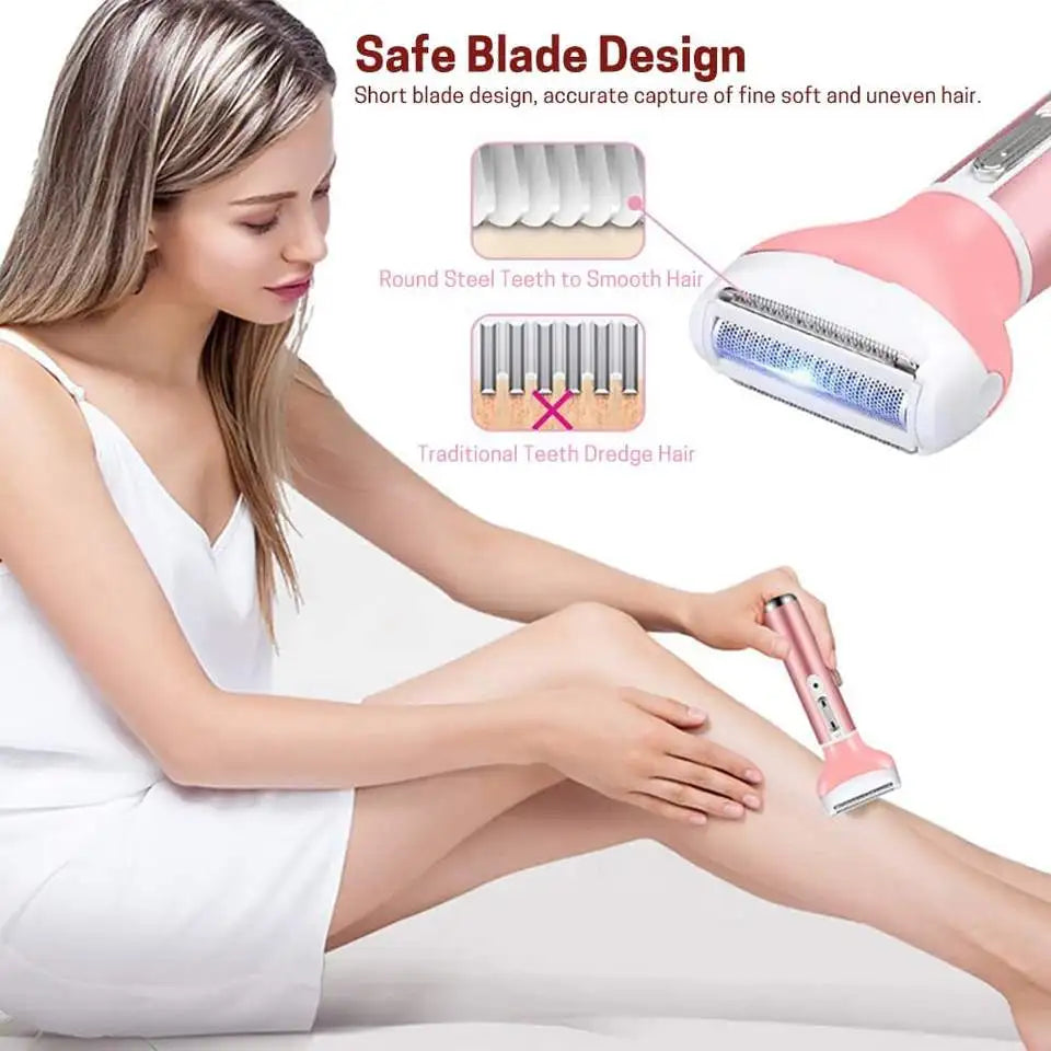 A woman is using a pink hair remover device on her leg, demonstrating the safe blade design.