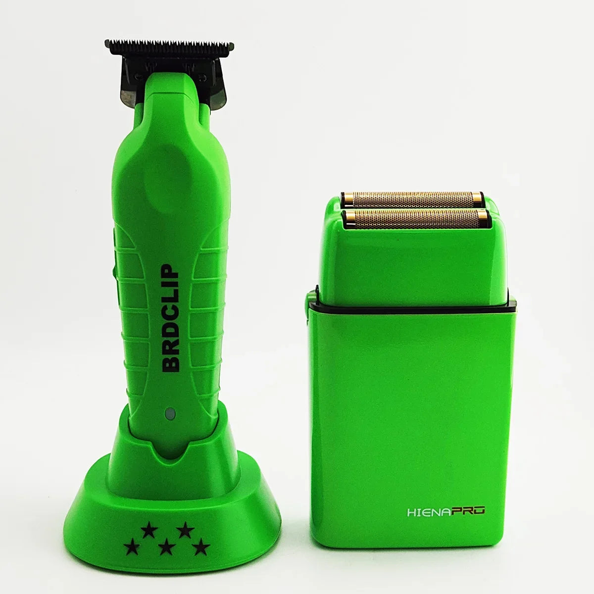 A bright green professional high-speed hair trimmer set featuring a handheld device and a storage case.