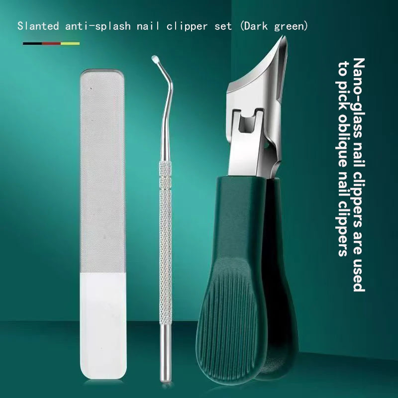 A set of slanted anti-splash nail clippers in dark green, showing the individual clippers and a guide.