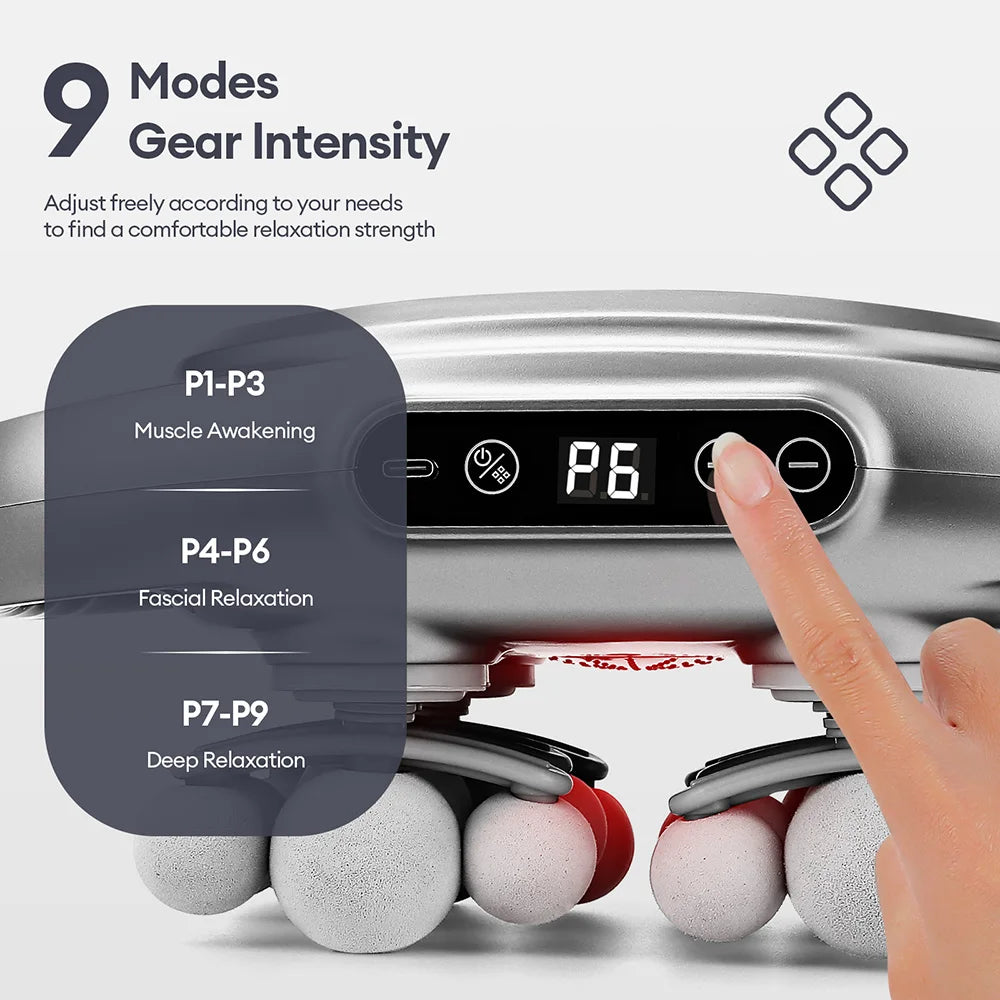 A hand is operating a gray deep tissue massage gun, demonstrating its 9 modes of gear intensity for muscle awakening, relaxat