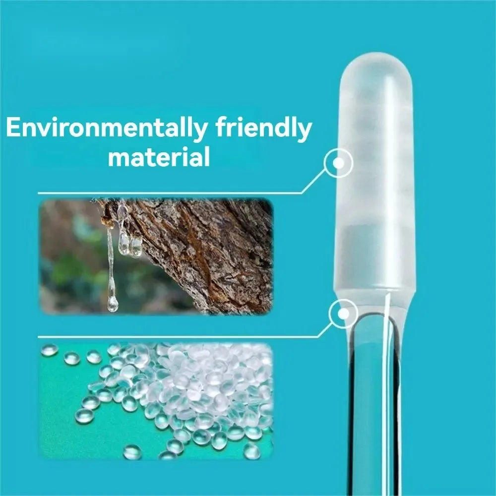 A white stick product for gentle ear wax removal, shown next to images of natural material and wax particles.