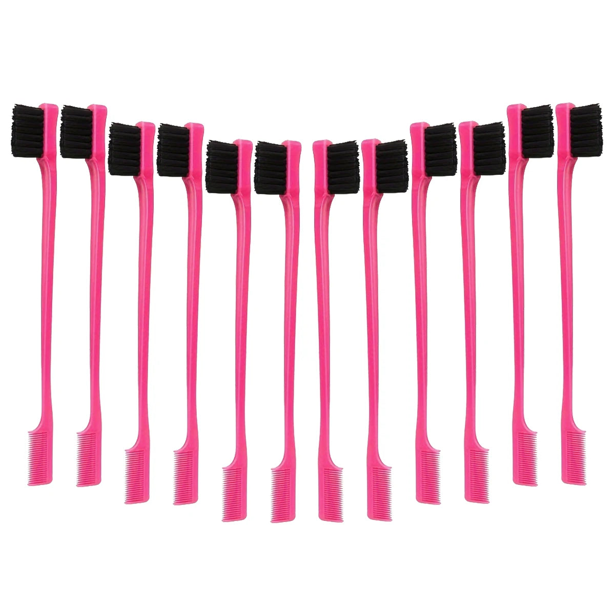 Un juego de doce cepillos para controlar los bordes de cabello, dobles caras, en rosa y negro.