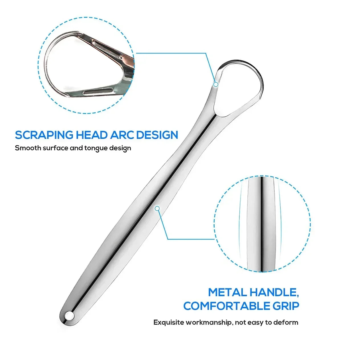 Stainless steel tongue scraper with an arc design and comfortable grip for oral hygiene