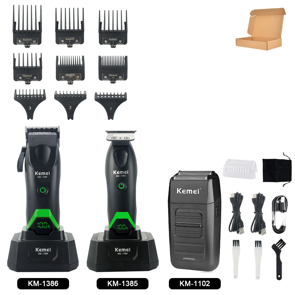 A collection of Kemel electric hair trimmers and accessories including various sizes and attachments.