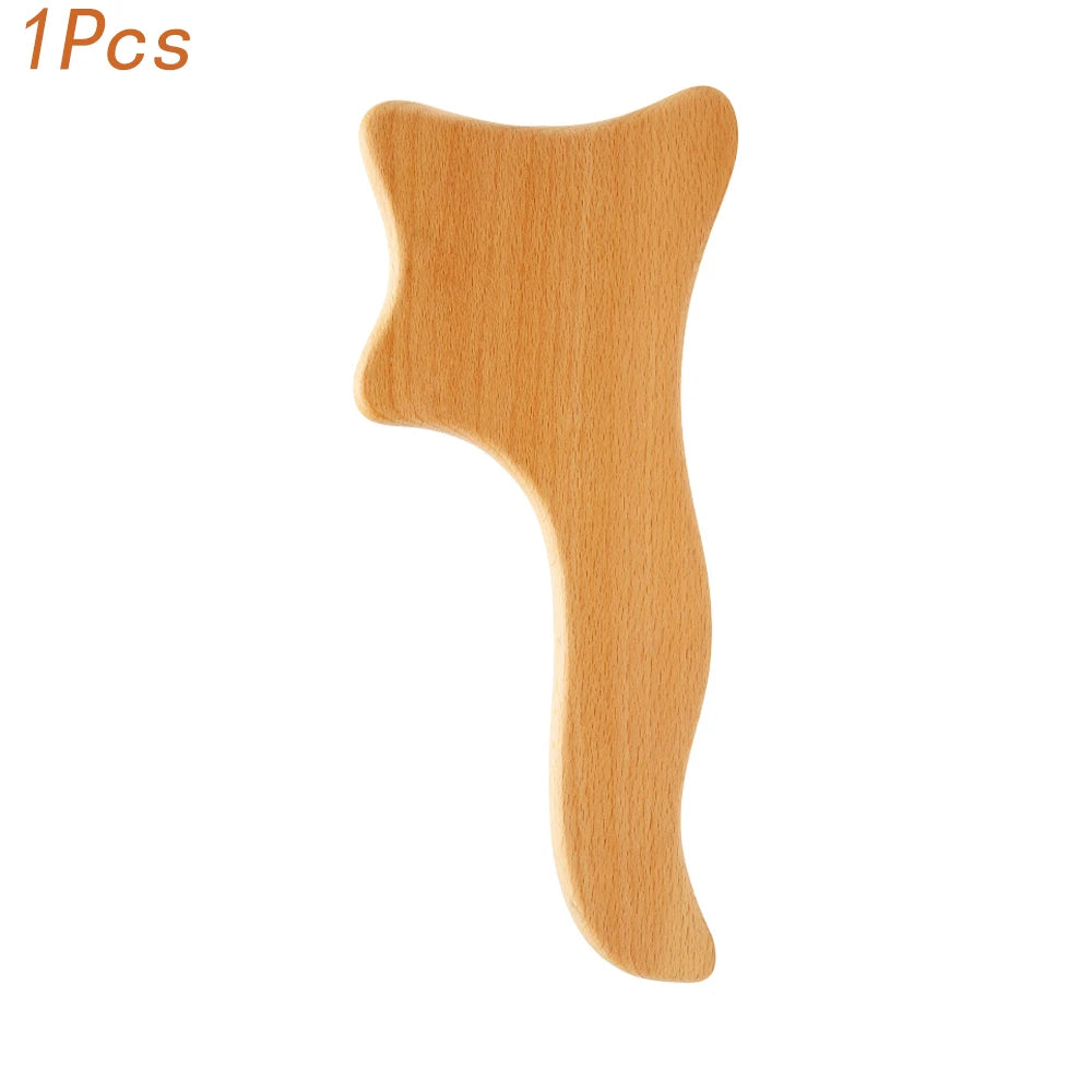 A natural wood gua sha roller shaped like a feline, used for detox and slimming.