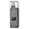 A portable electric nose hair trimmer with a silver body and a clear protective cap.