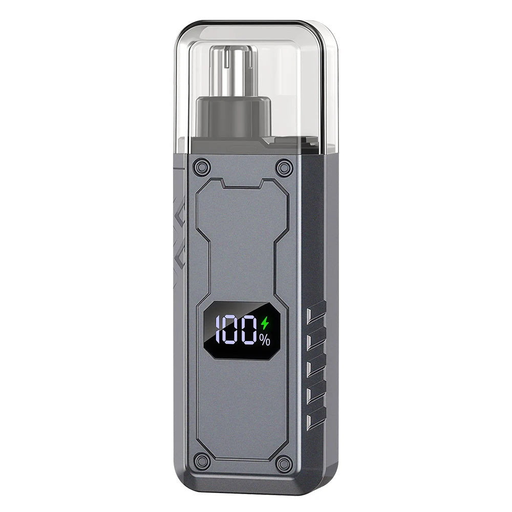 A portable electric nose hair trimmer with a silver body and a clear protective cap.