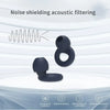A pair of dark silicone earplugs shown with text describing noise shielding acoustic filtering and sound insulation features.