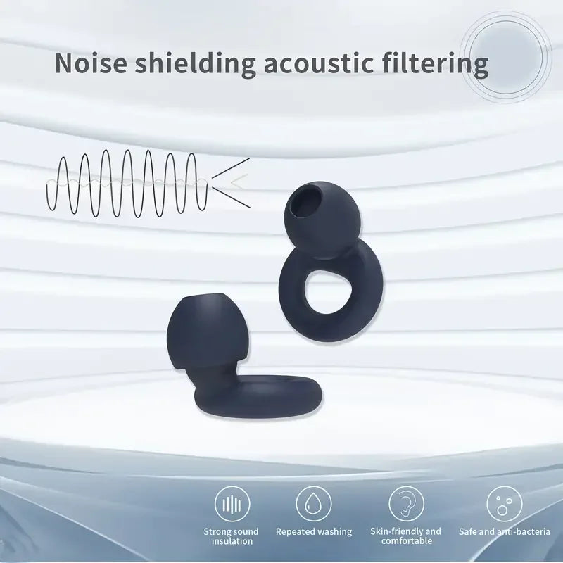 Une paire de bouchons d'oreille en silicone foncé avec des détails sur l'isolation phonique et la réduction du bruit.