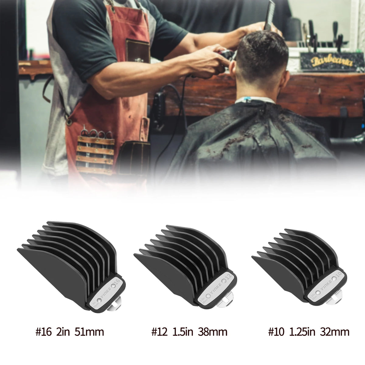 Three precision cutting guides for hair clippers in sizes #16, #12, and #10.