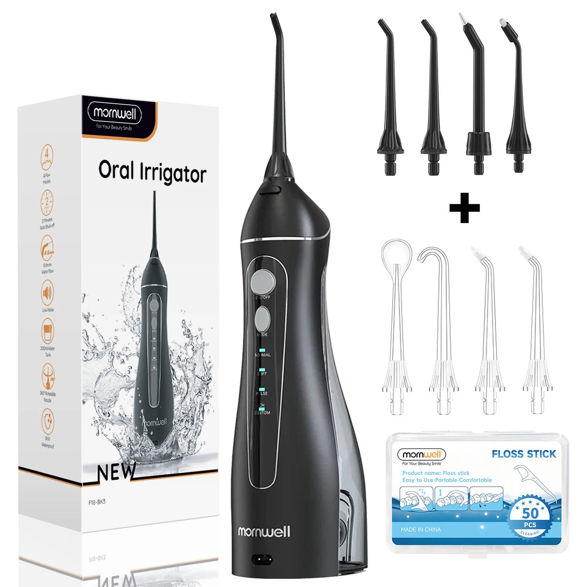 A black oral irrigator device shown next to its packaging box and various tips.