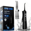 A black portable oral irrigator device with multiple tips and a cleaning head is shown in water.