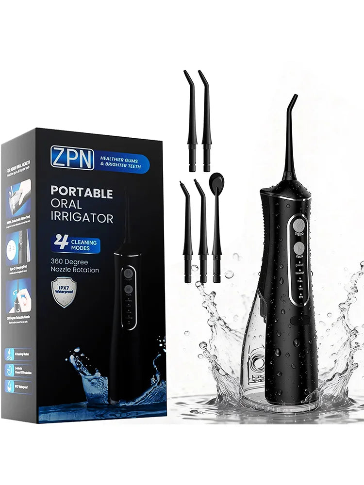 A black portable oral irrigator device with multiple tips and a cleaning head is shown in water.